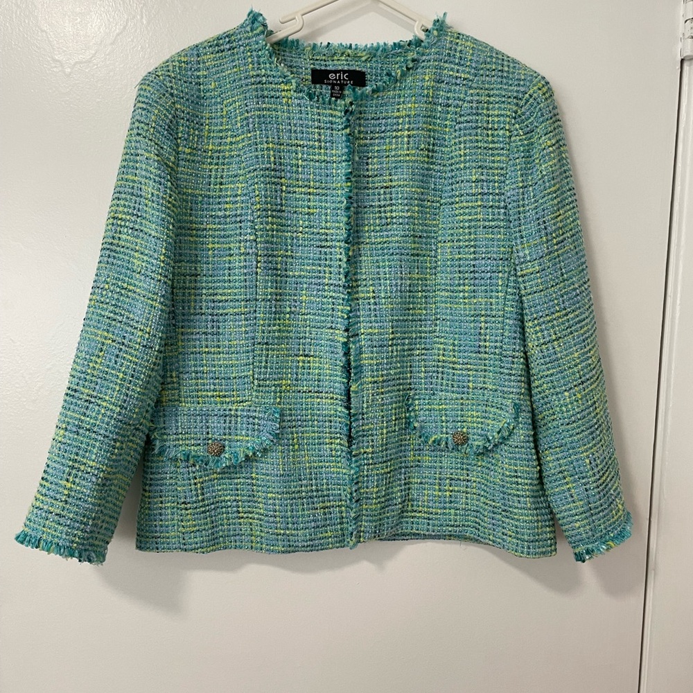Eric Signature Teal Yellow Lime Tweed Fringe Detail Blazer Sz 10